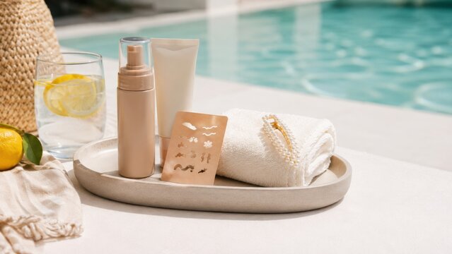 Sun tan tattoo accessories by poolside with towel and lemon, background