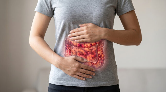 Inflammatory bowel disease ibd concept showing digestive system pain and discomfort in abdomen area with hands on stomach