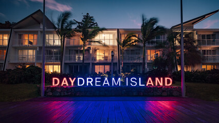 Obraz premium Whitsundays, QLD, Australia - Jun 28, 2026: Daydream Island hotel illuminated at night