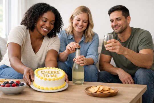 Celebration with cake and drinks at home among friends, lifestyle moment