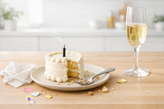 Cake with single candle and champagne on wooden table suggests celebration background