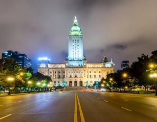 Fototapeta premium Evening cityscape with illuminated clock tower and traffic lights.