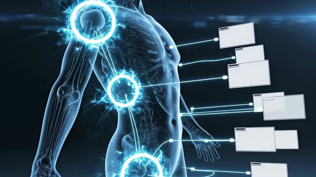 Human anatomy visualization showing skeletal structure with highlighted shoulder joint and interactive elements for anatomical details in a dark digital environment