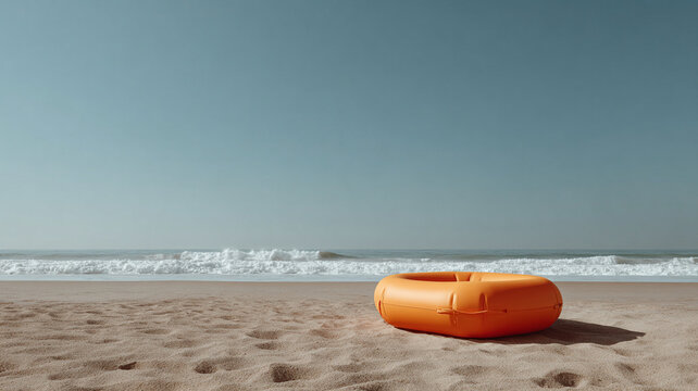 Orange rescue float beach sand ocean wave safety lifeguard life saving gear on quiet shore with clear sky and calm rescue scene