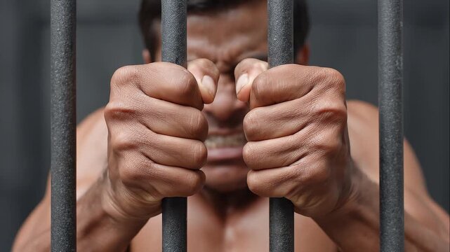Close-up of hands gripping steel bar prison cell with blurred face in background showing confinement and restriction in a dark environment