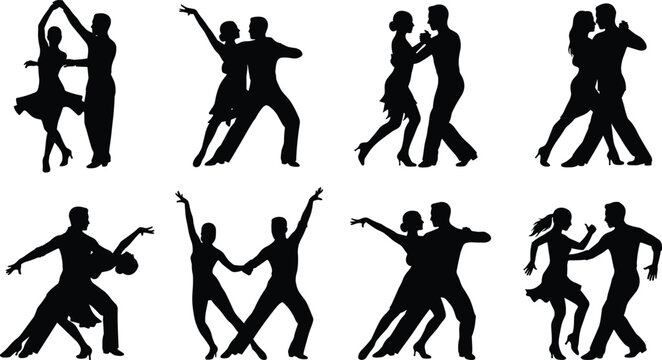 Ballroom Dance Couple Silhouette Collection Featuring Latin Social Dancing Romantic Partner Poses and Performance Movements