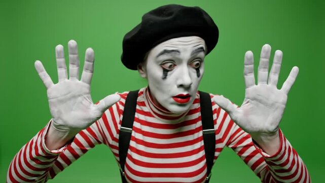 Mime Artist Touching Invisible Glass Wall Against Green Screen Background