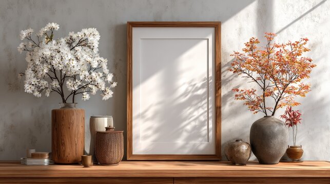 Vertical wooden frame mock-up displayed in serene Japanese-style interior with minimalist design, natural textures, soft lighting, harmonious composition, calm and elegant atmosphere
