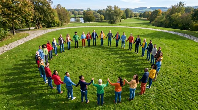 Diverse group of people holding hands in a circle outdoors