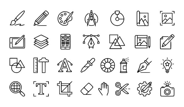 Graphic design and creative workflow line icon set with creative illustrator painting interface