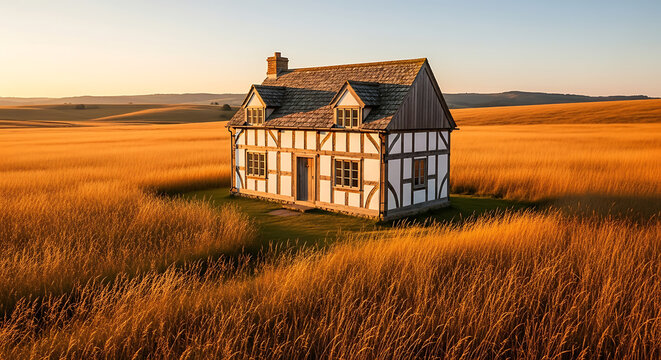 Charming timber-framed cottage in a vast golden wheat field at sunset