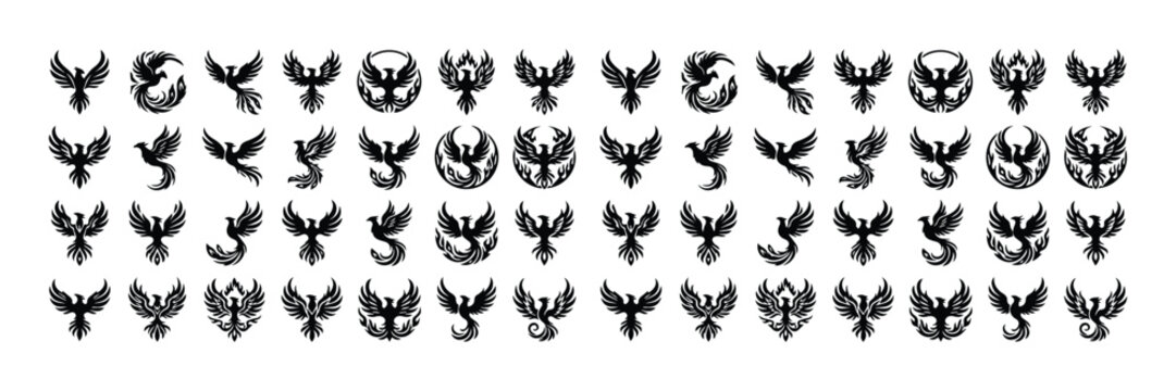 Phoenix bird vector icon set, mythical firebird symbols, abstract black eagle or hawk logos. Rebirth and strength graphic elements, ideal for branding, gaming, or spiritual designs.