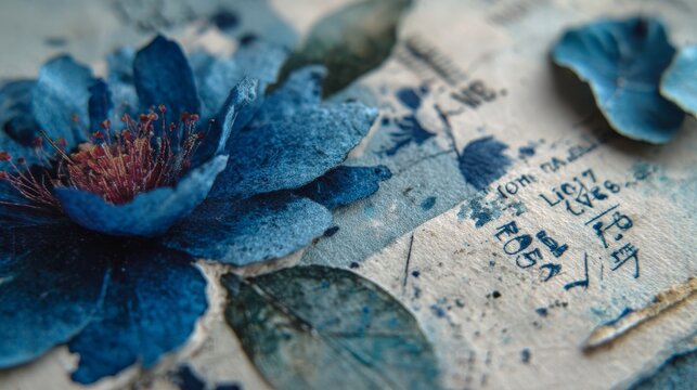 Art journal with soft gel prints, water bloom effects, gentle mark-making and layered textures in dusty sky blue, muted teal, periwinkle and deep navy tones