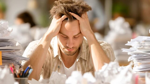 Man feels frustration while sitting at messy desk covered with papers Generative AI