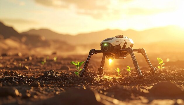 Futuristic Spider Robot Tends to Young Plants on Mars at Sunset.