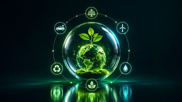 Glowing digital glass globe containing earth and a plant surrounded by green eco-friendly icons symbolizing advanced sustainable technology and environmental conservation.