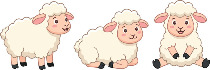 Cute Cartoon Sheep and Fluffy Lamb Character Set in Standing Lying and Sitting Poses for Children Education and Farm Animals Illustration AssetsCute Cartoon Sheep and Fluffy Lamb Character Set in Stan © Chiron