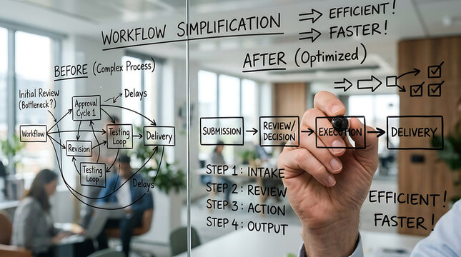 A person drawing a workflow simplification diagram on a glass board in an office, illustrating before and after optimized processes for efficiency.