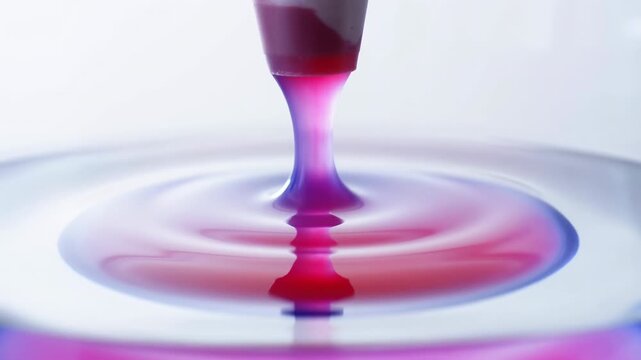 Red liquid column forming from rounded plastic nozzle into shallow vessel with concentric ripples and reflection