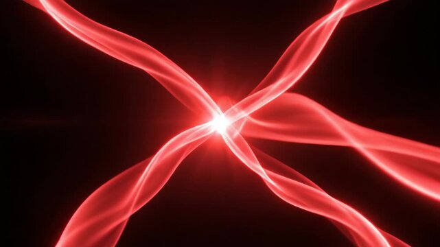 Red light waves intertwine and converge in a dynamic display, creating a vibrant pattern against a dark background, showcasing fluid motion and energy flow
