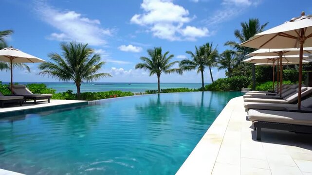 Luxury infinity pool at tropical beach resort with palm trees and sun loungers under blue sky