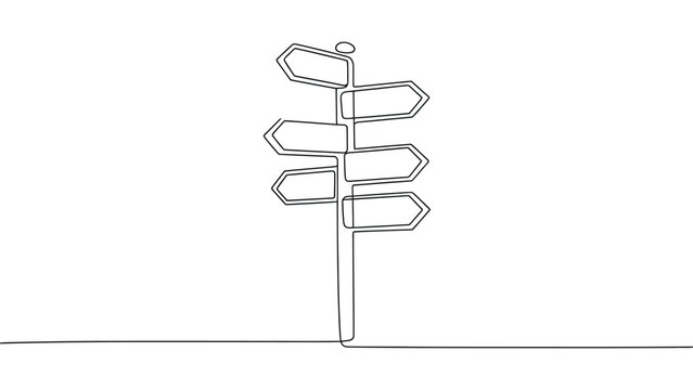  Minimalist continuous line drawing of a signpost with multiple directional arrows, abstract artwork symbolizing choices, navigation, decision‑making, guidance, and modern conceptual design