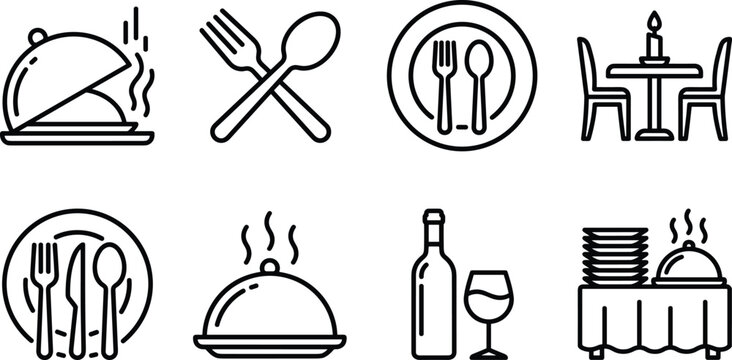 Restaurant dining and catering service line icon set with cloche plate cutlery table and wine vectors