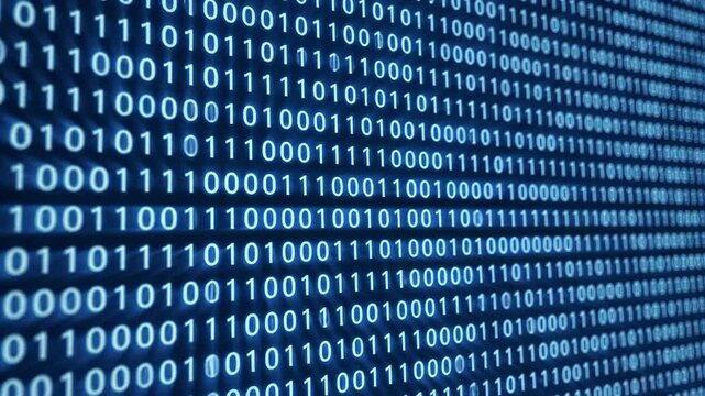 Digital binary code displayed on a blue screen, showcasing a continuous flow of ones and zeros in a structured pattern across multiple frames