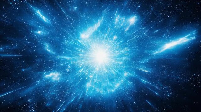Bright blue cosmic explosion or starburst in deep space with light streaks