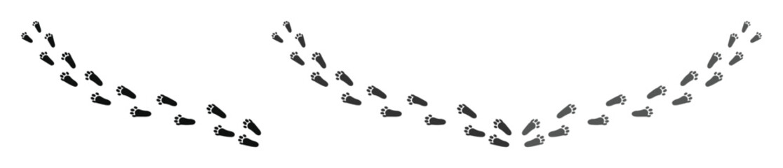 Minimalist animal paw print vector, black footprints on white, curved path of dog or cat tracks, simple pet trail graphic for design elements, navigation, or wildlife themes © Shanza