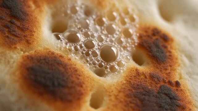 Close up of bubbles on toasted dough surface during baking process