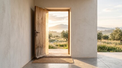 Fototapeta premium Open rustic wooden door looking out to a sunny rural landscape at dawn