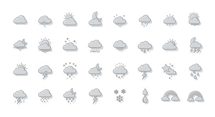 Obraz premium A comprehensive collection of weather icons, illustrating various meteorological conditions with clear, minimalist graphics.
