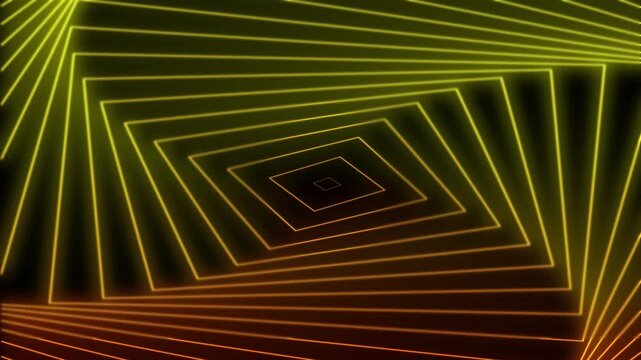 Yellow neon square spiral pattern on dark background