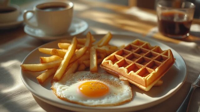 Breakfast plate with fried egg waffles and fries in morning light