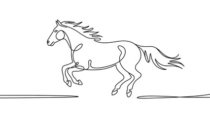 Minimalist continuous line drawing of a galloping horse with flowing mane and tail, modern contour artwork symbolizing speed, motion, strength, freedom, and dynamic natural elegance  © VectorCraze
