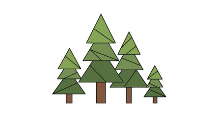 Fototapeta premium Simple illustration of a cluster of geometric pine trees with green foliage and brown trunks on a white background.