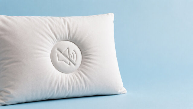 Pillow with mute button as quiet sleep and noise reduction visual metaphor