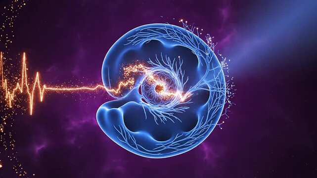 Age-Related Hearing Decline Visualization Featuring Blue Cochlea and Vibrant Sound Wave Patterns in Cosmic Purple Background
