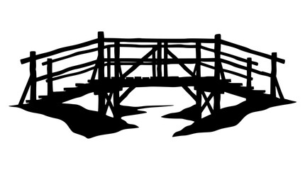 Fototapeta premium Silhouette of a rustic wooden footbridge isolated on white background
