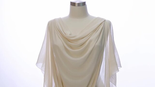 Beige sheer fabric on mannequin with layered cowl neckline, translucent side panels, soft folds, bright white backlight, and elegant studio textile texture, with fabric, drape, drapery, textile detail