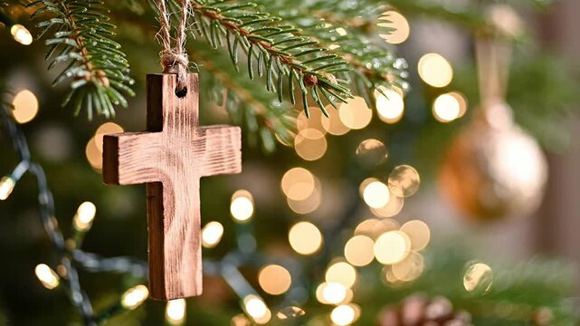 Close-Up Of A Simple Wooden Cross Ornament Hanging Near A Pine Branch Adorned With Soft Bokeh Lights Perfect For Christmas And Religious Themes
