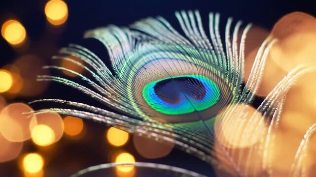 Macro peacock feather with golden bokeh background