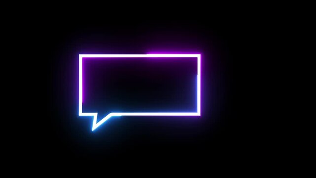 Animated neon speech bubble glowing with blue and purple light on black.