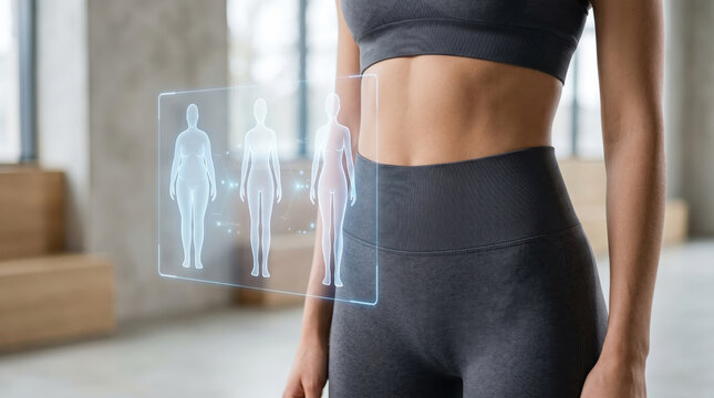 Woman in sportswear shows weight loss progress with digital BMI and waistline tracker highlighting obesity reduction and healthy body transformation over time