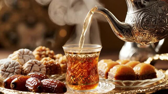 Close-Up of a Teapot Pouring Hot Tea Into Small Glasses Surrounded by Traditional Sweets and Dates on an Ornate Table