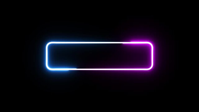 Neon glowing rectangle frame with pink and blue light animation on black surface.