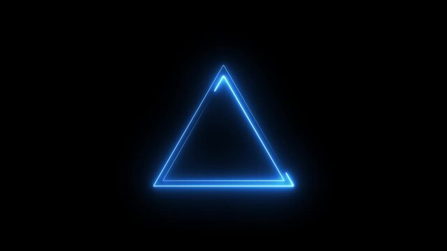 Blue neon triangle shape forming and glowing on black background motion footage.