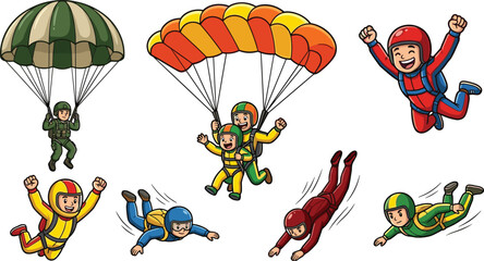 Skydiving and Parachuting Character Collection with Freefall, Tandem Jump, and Parachute Landing for Adventure Sports, Extreme Recreation, and Outdoor Design Projects © EdGe Creative