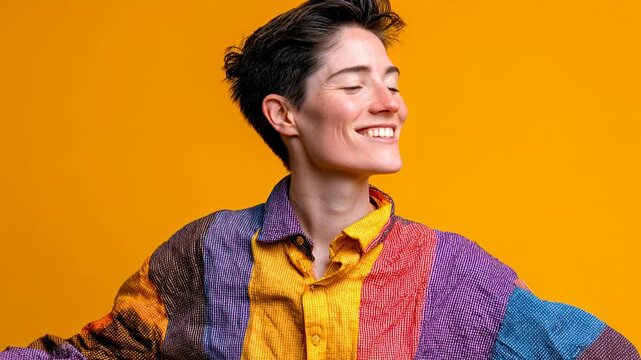 Happy person smiles and enjoys time in front of bright yellow background Generative AI
